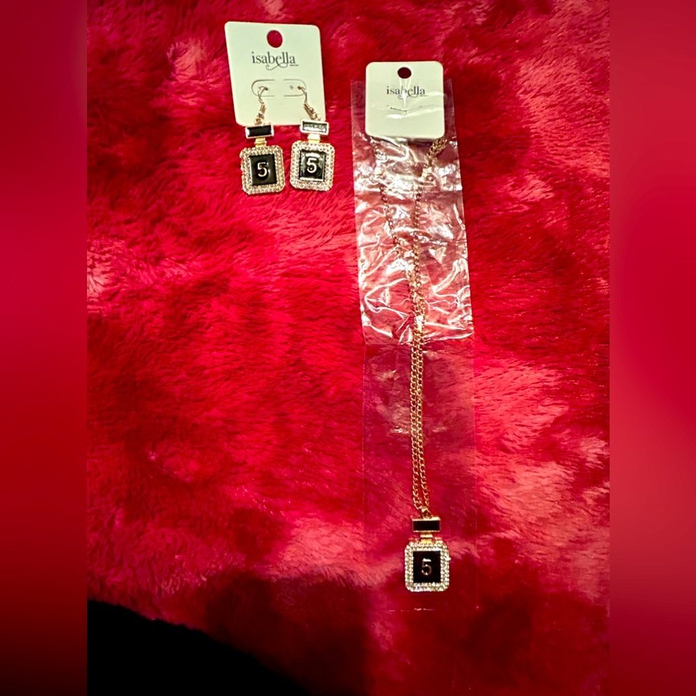 Gold bling black perfume bottle necklace and earrings set